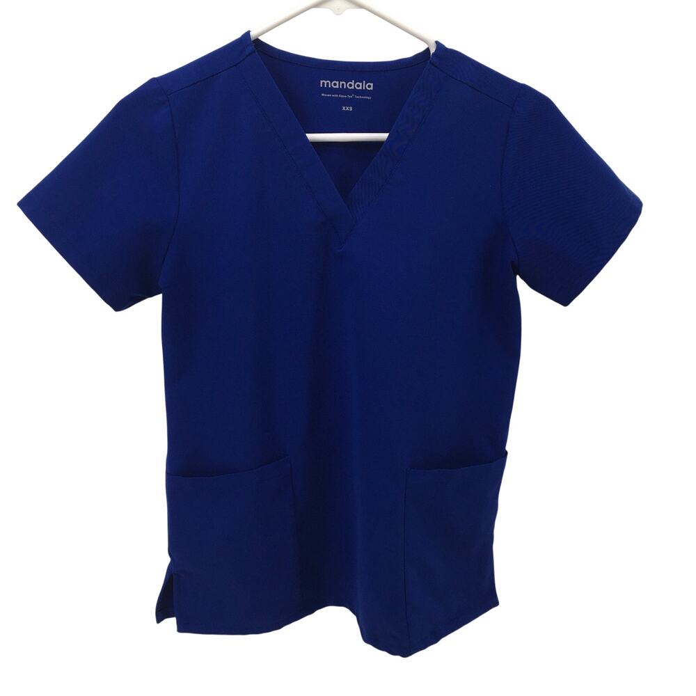 Mandala 6 pocket Scrub Top XXS Royal Blue V Neck Nursing Healthcare Surgical